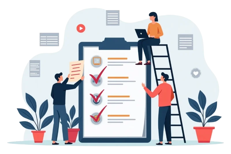 Team collaborating on a large checklist, symbolizing Codiv-Labs' technical expertise and structured approach