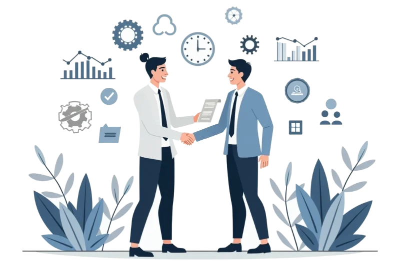 Illustration of two professionals shaking hands, symbolizing discovery and strategy partnership