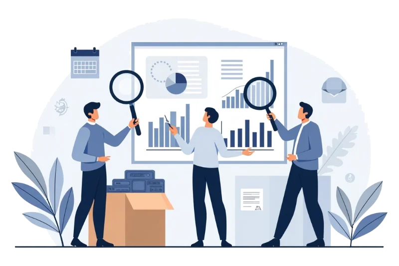 Illustration of a team analyzing data charts, representing engineering and development