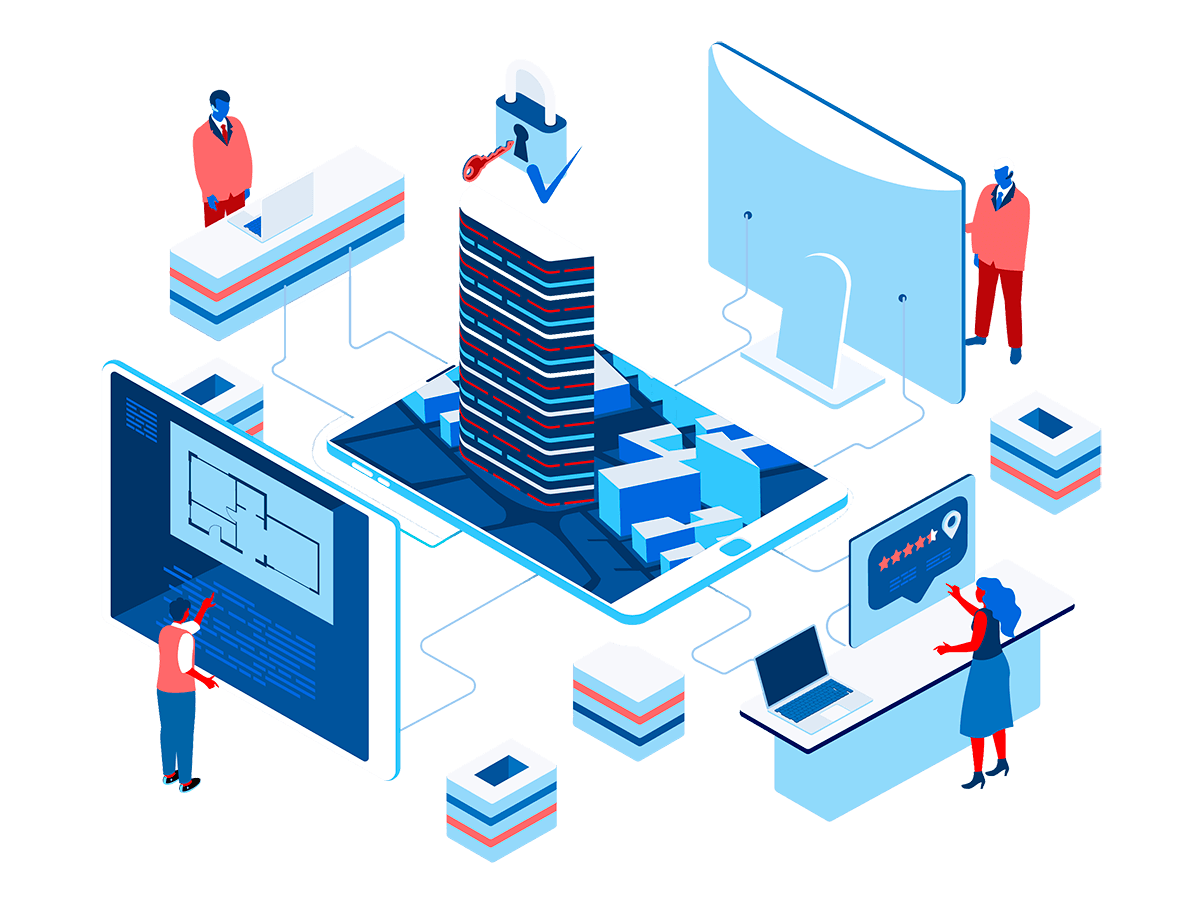 Isometric illustration of a secure, modern building on a tablet, representing robust cloud architecture and digital transformation
